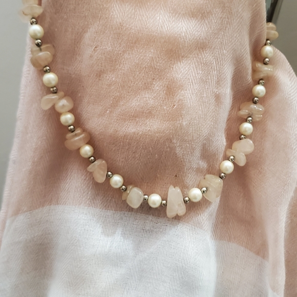 VINTAGE GENUINE ROSE QUARTZ & PEARL NECKLACE - Picture 4 of 8